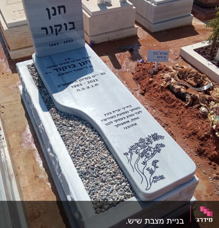 מצבה עם כיתוב בעברית ואבנים קטנות